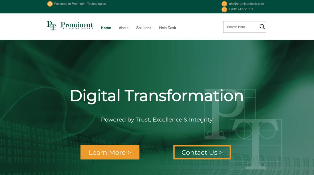 Current Prominent Technologies homepage with a green 'Digital Transformation' slider
